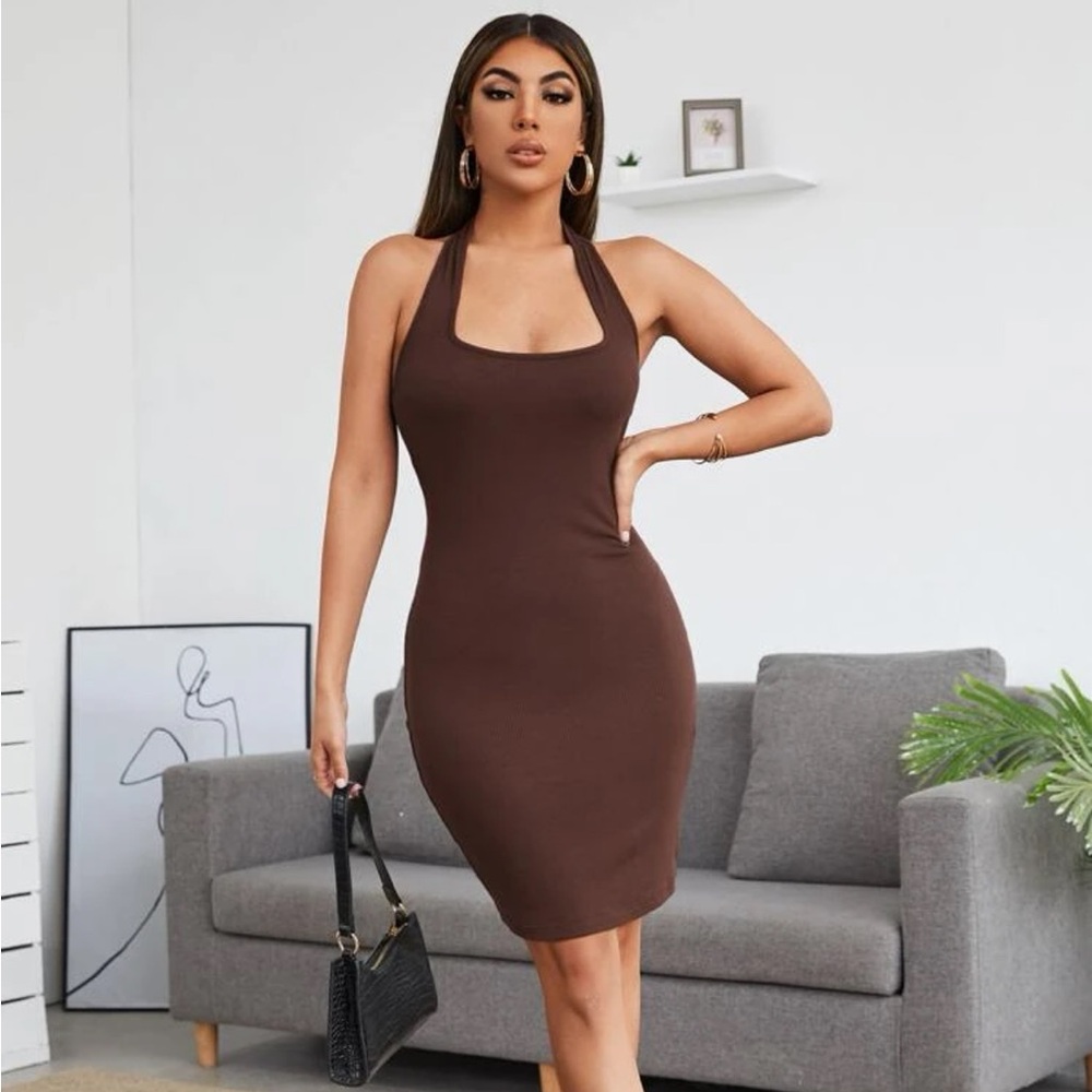 Shein: Chocolate Brown Solid Rib Knit Bodycon Dress.